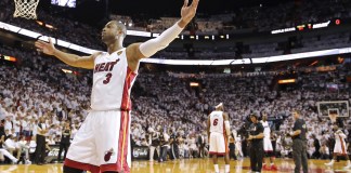 June 10, 2014 - Miami, FLORIDA, USA - Miami Heat's Dwyane Wade reacts before Game 3 of the NBA Finals against the San Antonio Spurs Tuesday June 10, 2014 at American Airlines Arena in Miami, Fla. (San Antonio Express-News/Zumapress/Icon Sportswire)