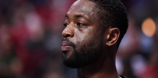 Apr 10, 2017; Chicago, IL, USA; Chicago Bulls guard Dwyane Wade (3) sits on the bench against the Orlando Magic during the second half at the United Center. Chicago defeated Orlando 122- 75. Mandatory Credit: Mike DiNovo-USA TODAY Sports