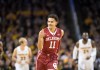 Dec 16, 2017; Wichita, KS, USA; Oklahoma Sooners guard Trae Young (11) celebrates after a three point basket against the Wichita State Shockers at Charles Koch Arena. Mandatory Credit: Kelly Ross-USA TODAY Sports Images