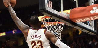 Dec 16, 2017; Cleveland, OH, USA; Cleveland Cavaliers forward LeBron James (23) slam dunks during the first half against the Utah Jazz at Quicken Loans Arena. Mandatory Credit: Ken Blaze-USA TODAY Sports